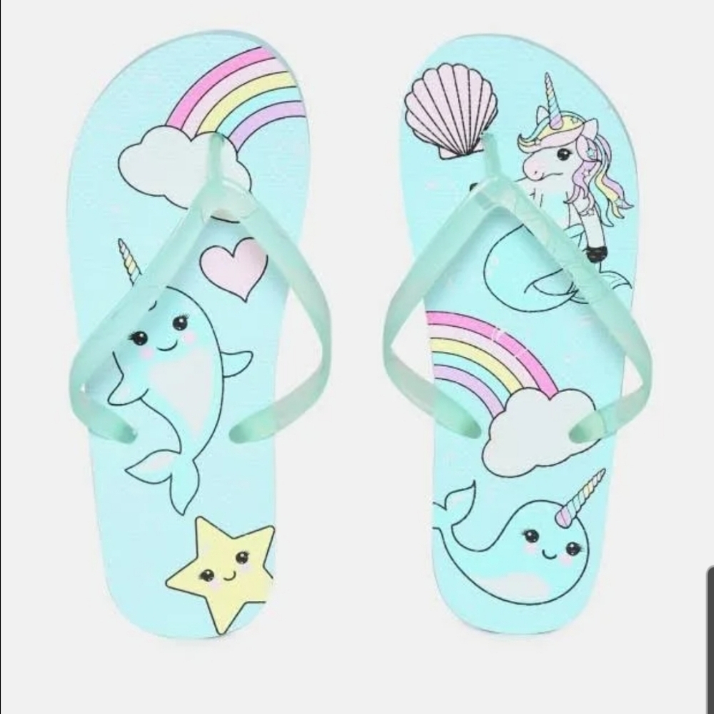 NWT TCP Unicorn and Narwhal Flip Flops - Blue